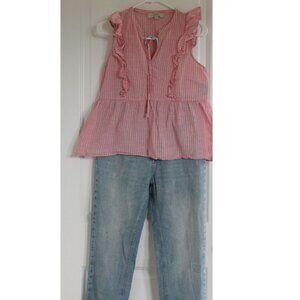 Loft Pink Stipes Top Ruffles Sleeveless Cotton Sz XS Coastal Beachy